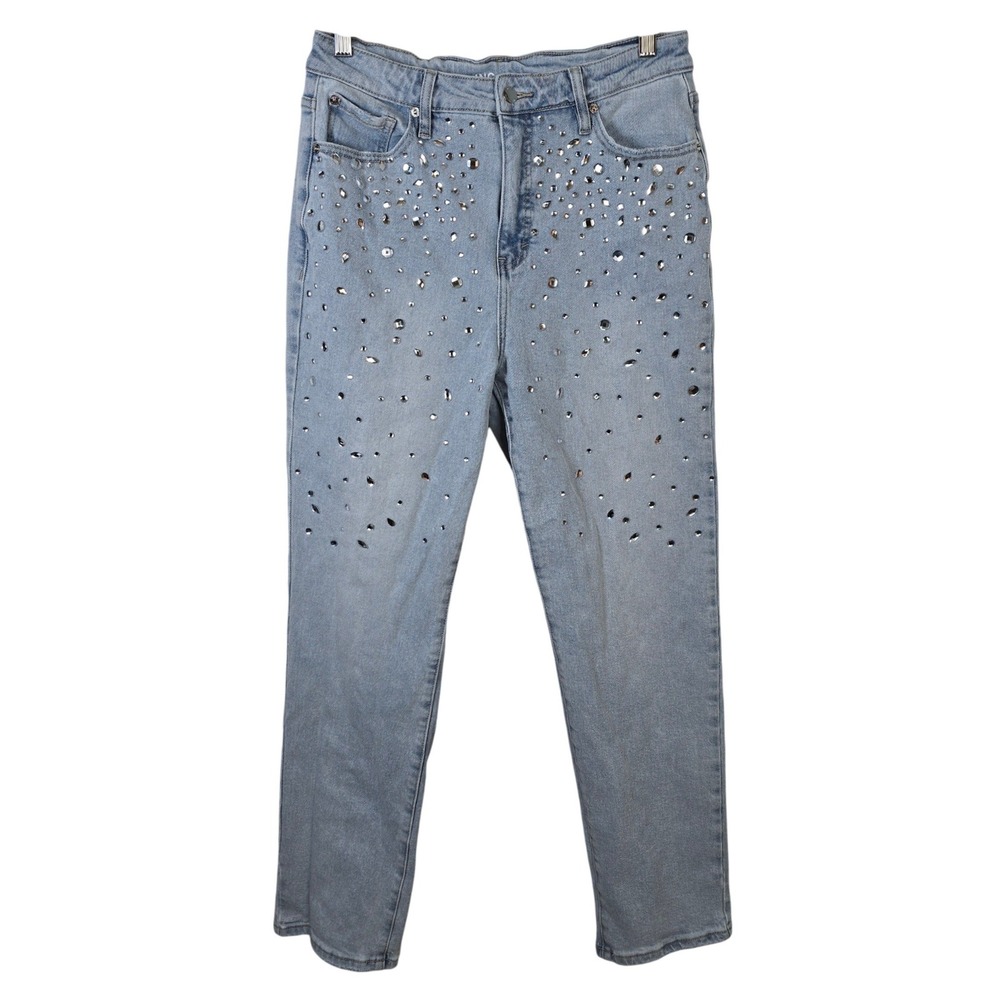 INC International Concepts Women 12 Light Wash Rhinestone Straight Leg Jeans